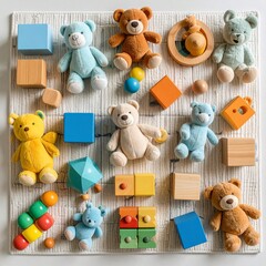 A colorful collection of children's toys arranged neatly on a soft play mat, including building blocks, stuffed animals, and wooden puzzles, bright lighting, cheerful atmosphere, ultra-detailed