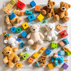 A colorful collection of children's toys arranged neatly on a soft play mat, including building blocks, stuffed animals, and wooden puzzles, bright lighting, cheerful atmosphere, ultra-detailed