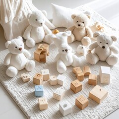 A colorful collection of children's toys arranged neatly on a soft play mat, including building blocks, stuffed animals, and wooden puzzles, bright lighting, cheerful atmosphere, ultra-detailed