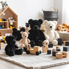 A colorful collection of children's toys arranged neatly on a soft play mat, including building blocks, stuffed animals, and wooden puzzles, bright lighting, cheerful atmosphere, ultra-detailed