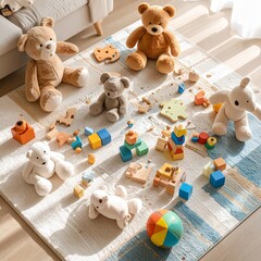 A colorful collection of children's toys arranged neatly on a soft play mat, including building blocks, stuffed animals, and wooden puzzles, bright lighting, cheerful atmosphere, ultra-detailed