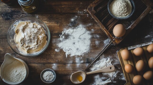 Top view of baking ingredients like flour eggs and rolling pin for rustic culinary visuals