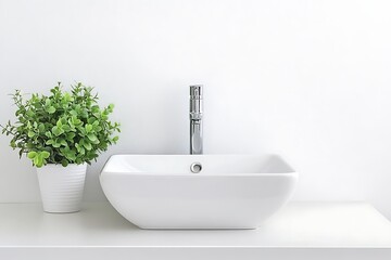Bright white bathroom sink with greenery. Minimalist design, clean look. Chrome faucet. White shelf