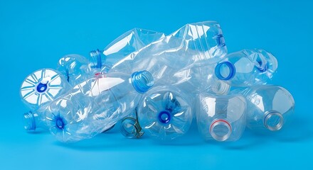A pile of discarded plastic bottles and containers on a bright blue background, highlighting...