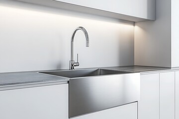 Modern stainless steel kitchen sink with faucet, white cabinets, and countertop. Clean, bright design