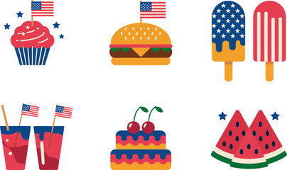 Patriotic sweets and snacks set. Cupcake, burger, popsicle, watermelon, cherry cake, muffins with flags, bright bold colors. 4th of July dessert decoration vector set  