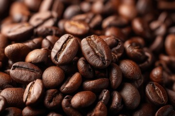 Naklejka premium Close-up of a pile of dark roasted coffee beans, showing rich brown tones and textures; two beans prominently featured in the foreground