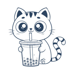 Cute Cartoon Cat Drinking Boba Tea. Adorable Kawaii Animal Character with Big Eyes Holding a Cup of Bubble Tea Clipart Vector Illustration on White Background