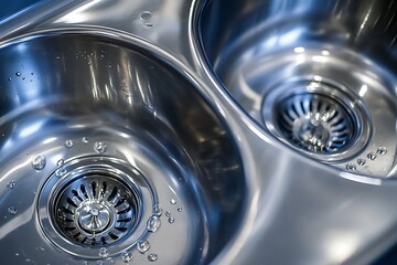 Close-up of shiny, stainless steel kitchen sink with water droplets. Two bowls with drains are visible