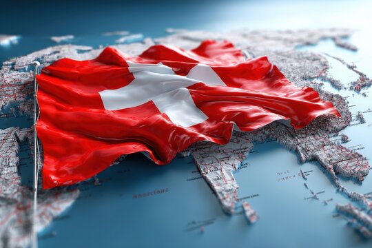 Swiss flag waves on a world map, symbolizing national pride and global presence in an interconnected world