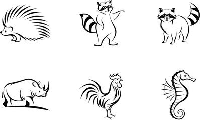 Collection of six stylized black and white animal illustrations