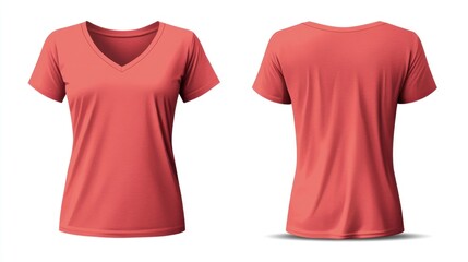 Coral v-neck t-shirt mockup, front and back views