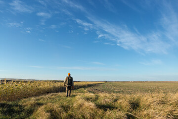 Mature man hunter with gun while walking on field.