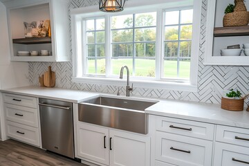 Bright kitchen with stainless sink, white cabinets, window, and open shelves