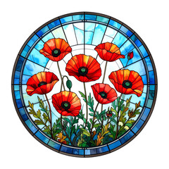 Red Poppies Stained Glass Window Art Circular Floral Design