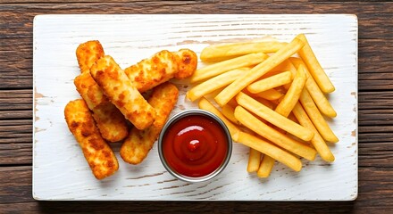 Crispy Halloumi cheese sticks Fries with sweet hot sauce on white wooden board top view
