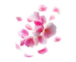 Delicate pink cherry blossom petals floating in the air isolated on a transparent background