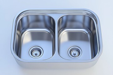 Shiny, stainless steel double-basin kitchen sink, rectangular design, drain visible, top-down perspective