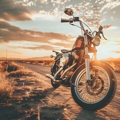 Vintage style motorcycle parked on rural dirt road du sunset with dramatic clouds and golden light creating a scenic outdoor adventure scene