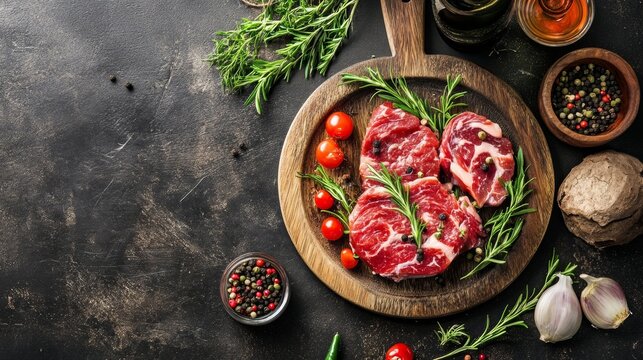 Raw meat steak with herbs and vegetables on dark table for recipe and cooking visuals