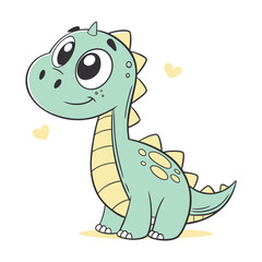 Cute cartoon dinosaur with big eyes and yellow hearts