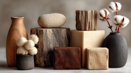 Natural cotton stems and brown vases arranged for cozy rustic home decor still life visuals