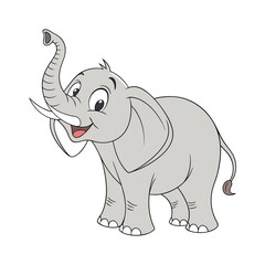 Cute cartoon elephant with trunk raised on white background