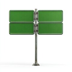 Obraz premium Four blank, rectangular, green road signs on a rusty metal post, isolated on white