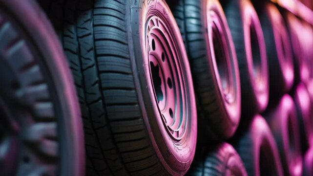 A close-up shot of a tire leaning against a wall, useful for backgrounds and textures