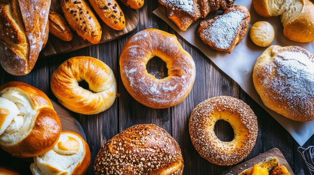 Assorted freshly baked bread and pastries in warm tones for bakery food and rustic cooking visuals