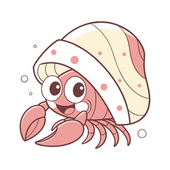 Cute pink hermit crab with shell on white background