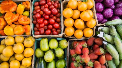 Vibrant overhead shot of assorted fresh fruits and vegetables arranged in market box display visuals