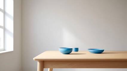 Serene Minimalist Tabletop Still Life Blue Ceramic Bowls and Vessels