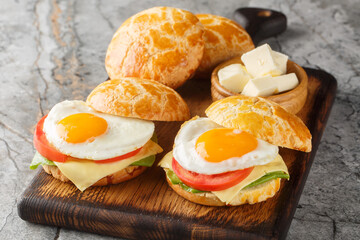 Chinese snack sandwiches made of bolo bao bun with fried egg, butter, tomatoes, cheese close-up on...