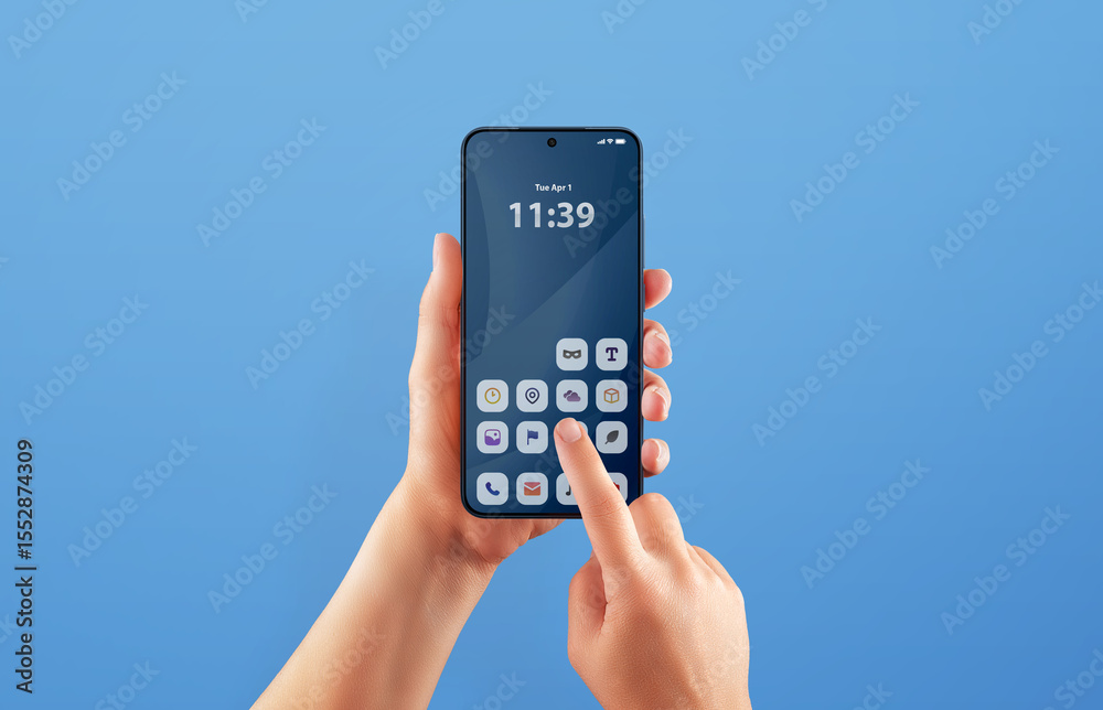 Poster Blue screen smartphone interface with user tapping an icon, symbolizing app access and intuitive touch interaction