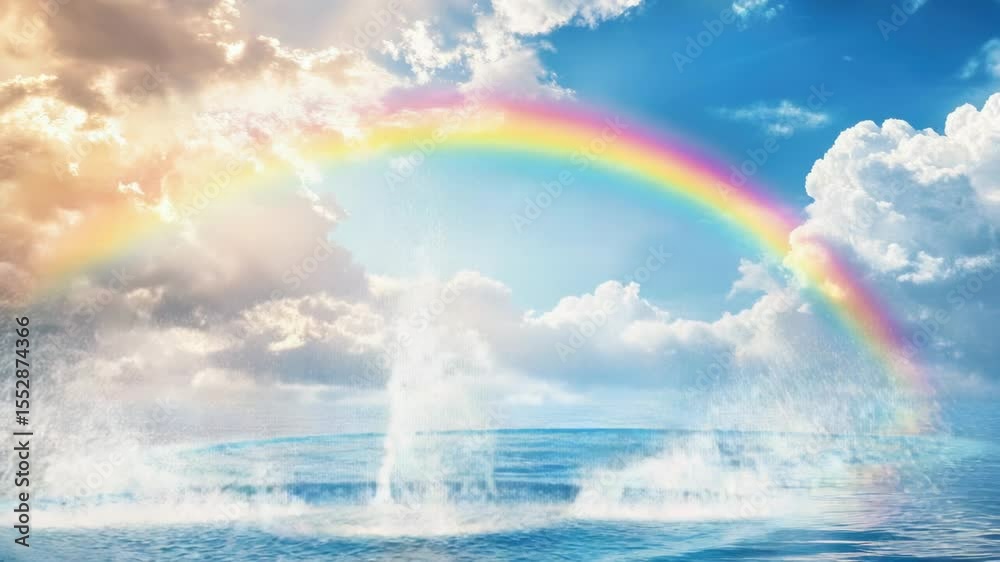 Poster a dolphin jumping out of the water with a colorful rainbow in the background