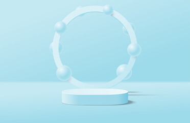 Abstract realistic blue 3d round podium and sphere balls floating with circle shape backdrop. Minimal scene for product display mockup. Vector geometric platform. Vector stage for product promotion.