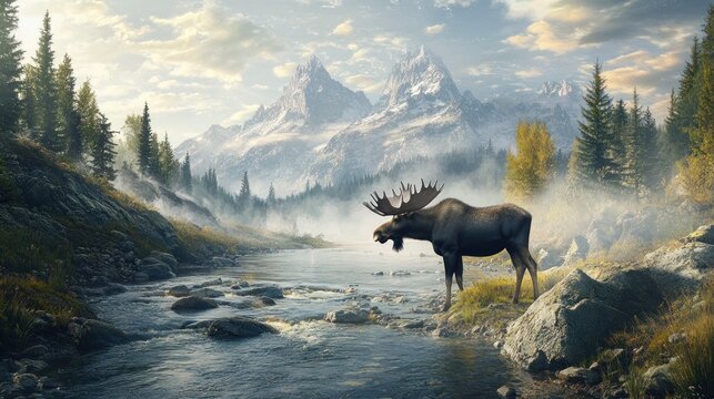 Majestic moose by a mountain stream in a scenic autumn landscape. Misty morning light bathes the scene - Powered by Adobe