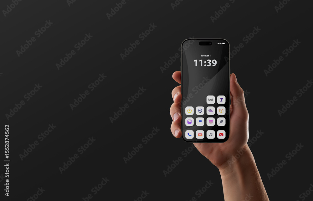 Poster Sleek mobile screen in black minimal style represents professional digital environment and high end mobile app layout. Copy space