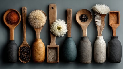 Minimalist spa tools with dried flowers on light background for wellness beauty styling visuals product