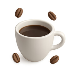 Cup of Coffee Delight: An inviting ceramic cup filled with rich, dark coffee is surrounded by freshly roasted coffee beans, perfect for a moment of calm.