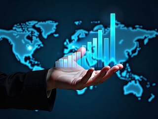 Global business growth and financial success concept with rising bar chart hologram in businessman hand over world map