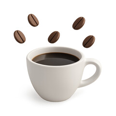 Aromatic Morning Coffee: An inviting cup of steaming coffee, accompanied by freshly roasted coffee beans. The scene evokes warmth, energy, and the pure enjoyment of the moment.