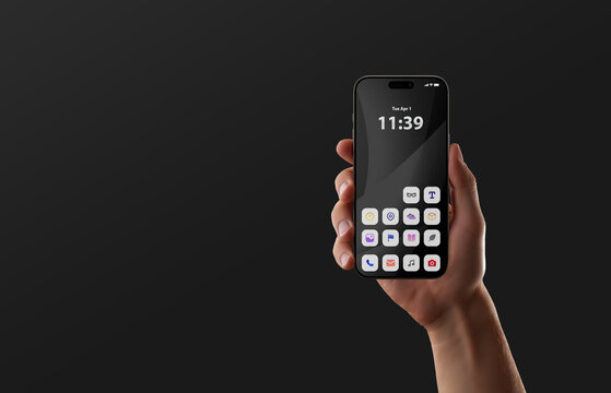 Sleek mobile screen in black minimal style represents professional digital environment and high end mobile app layout. Copy space