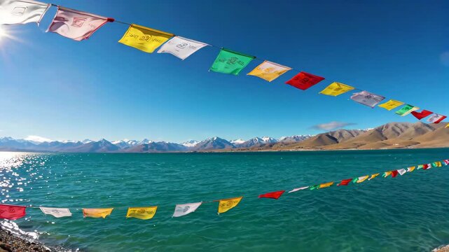 Tibetan lakes and prayer flags Natural scenery Colour of the Namtso Lakeside