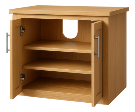 Under-sink storage cabinet in natural wood finish, perfect for organizing essentials in a guest toilet in a townhouse.