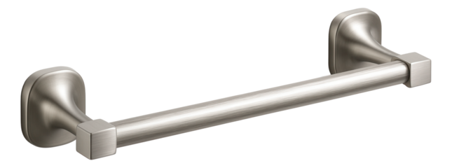 Wall-mounted towel rack with a brushed nickel finish, perfect for holding hand towels in a guest bathroom.