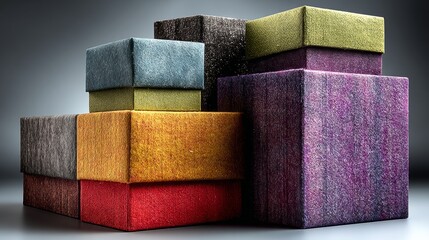 Colorful textured gift boxes stacked together for festive packaging visuals and celebration product photography