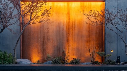 Contemporary outdoor garden scene with orange wall and evening lighting for architecture and nature visuals