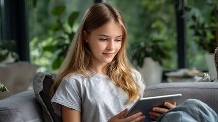 Young girl using tablet in a cozy indoor space with natural light and greenery in the background